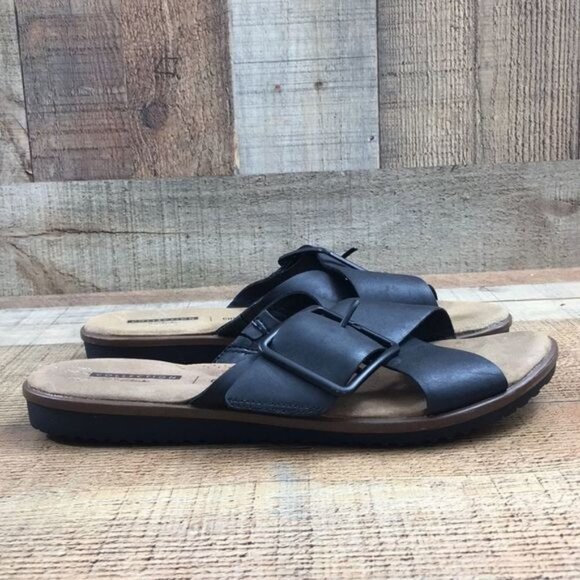 Collection By Clarks Black Leather Kele Heather Slides Womens 7 W Cross Strap - Picture 1 of 12
